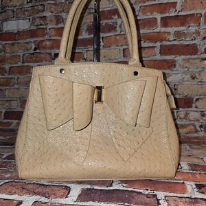 Grossi York Faux Ostrich Big Bow Tan Shoulder Bag